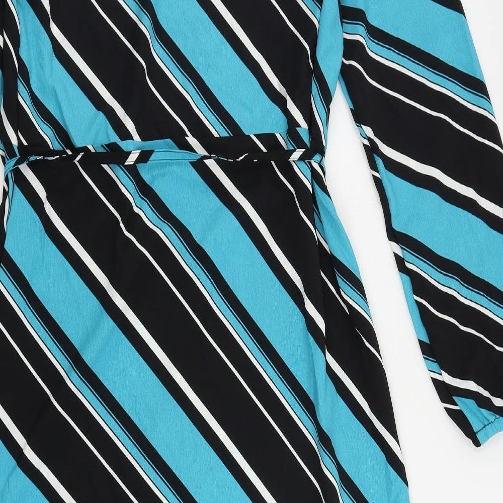 Marks and Spencer Womens Blue Striped Polyester A-Line Size 10 Mock Neck Button