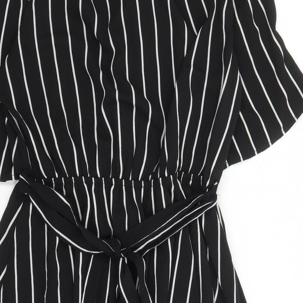 New Look Womens Black Striped Polyester A-Line Size 14 V-Neck Pullover