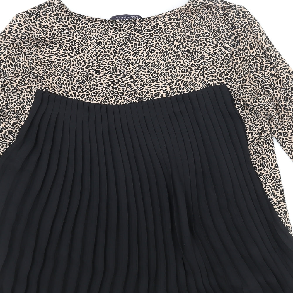 Marks and Spencer Womens Beige Viscose Basic Blouse Size 8 Round Neck - Leopard Print Pleated