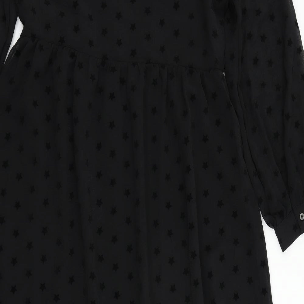Marks and Spencer Womens Black Geometric Polyester A-Line Size 10 Round Neck Button - Star Pattern