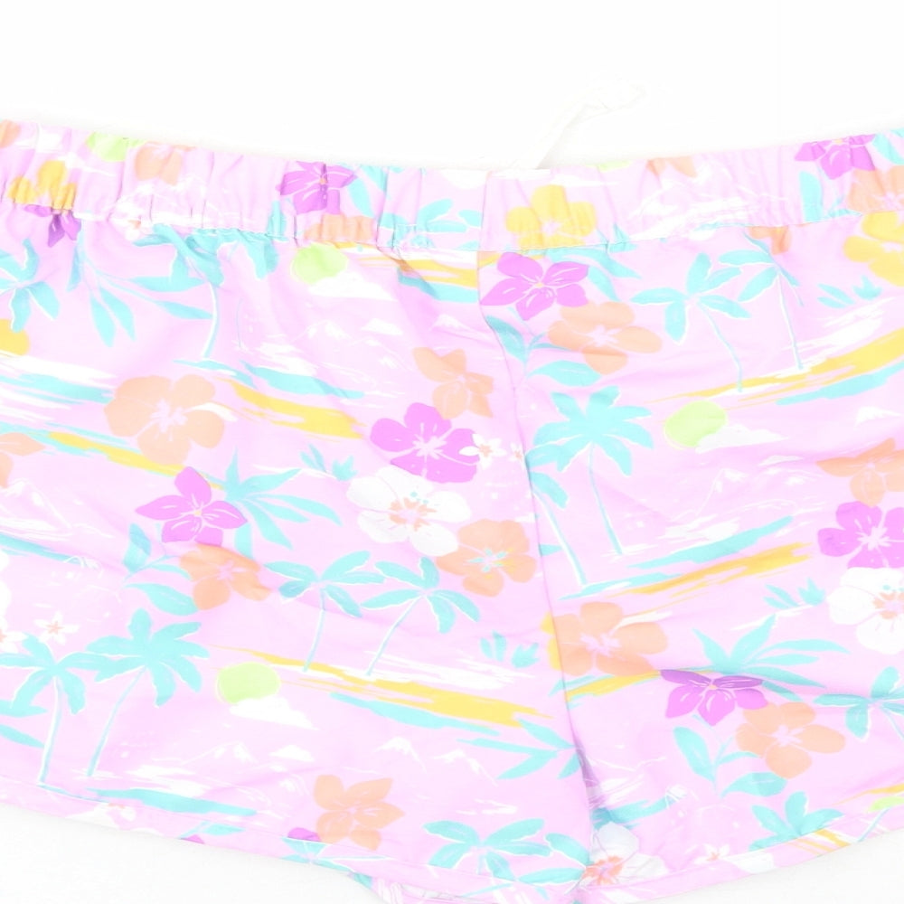 Marks and Spencer Boys Purple Floral Polyester Sweat Shorts Size 13-14 Years Regular Drawstring - Elasticated Waist Inside Leg 3 Inches