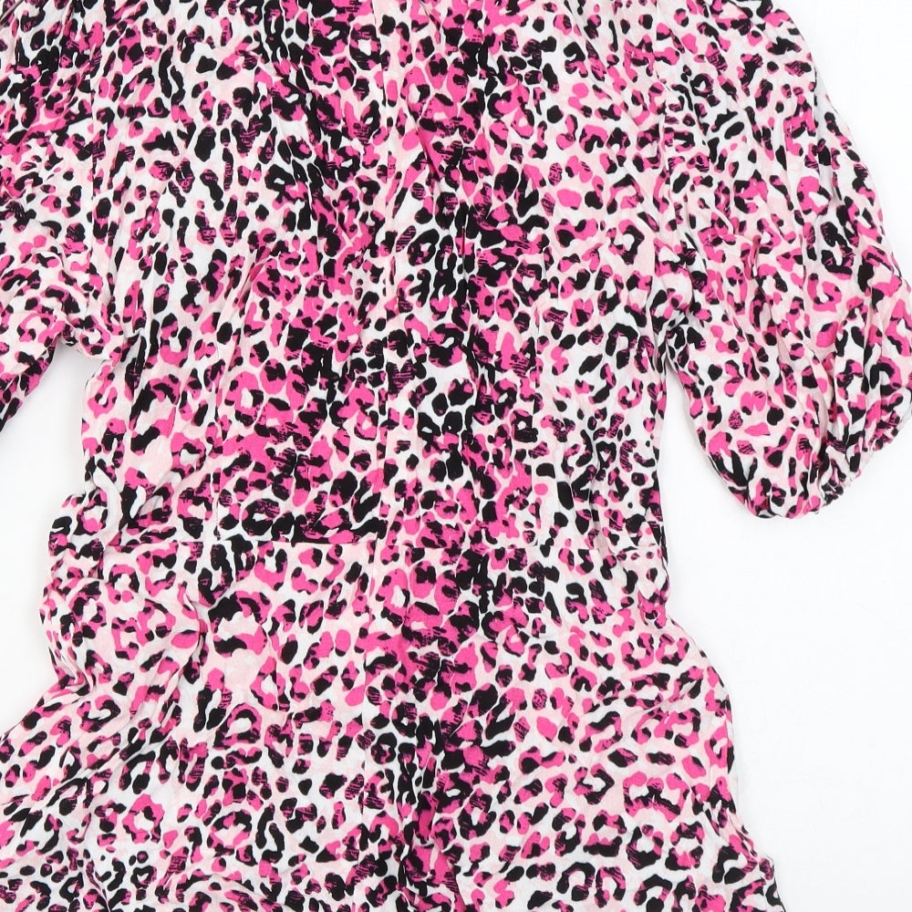 Marks and Spencer Womens Pink Animal Print Viscose Basic T-Shirt Size 8 Round Neck
