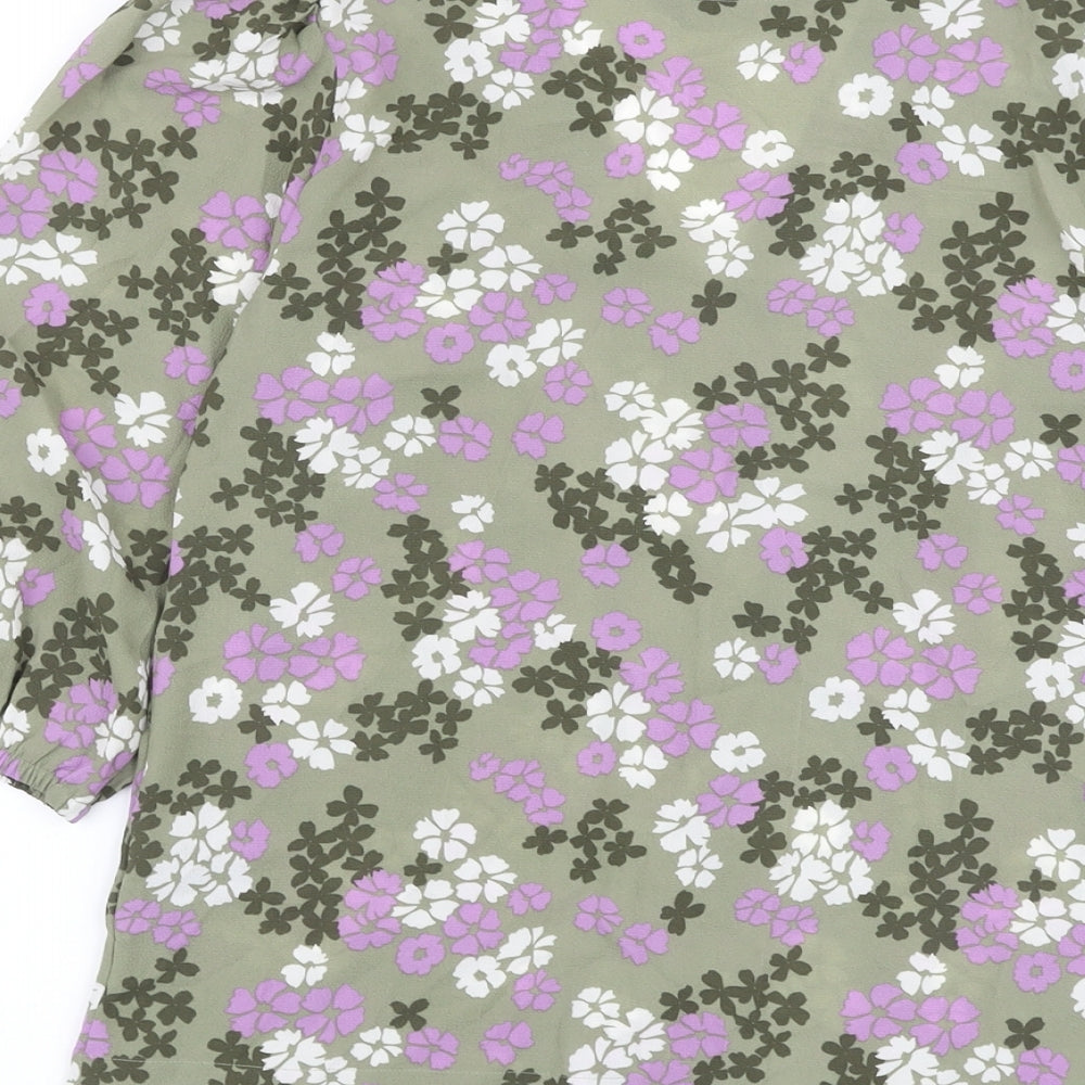 Marks and Spencer Womens Green Floral Polyester Basic Blouse Size 8 V-Neck
