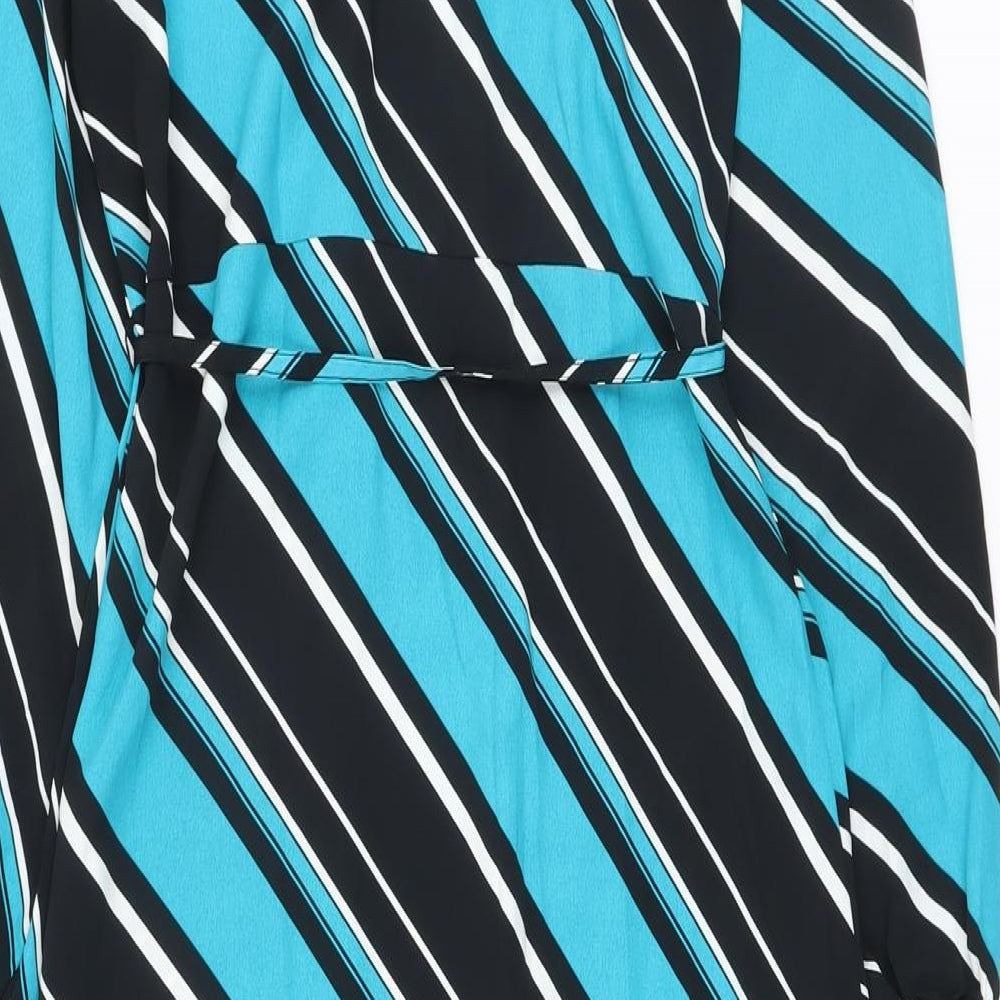 Marks and Spencer Womens Blue Striped Polyester A-Line Size 8 Mock Neck Button