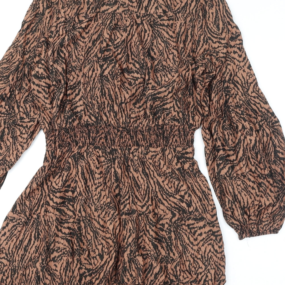 Marks and Spencer Womens Brown Geometric Viscose A-Line Size 10 Round Neck Button