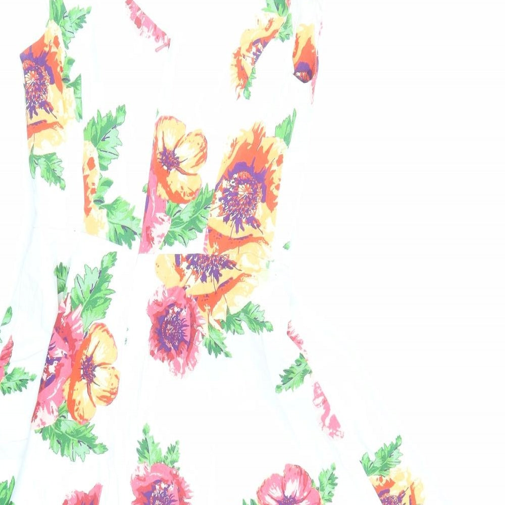 Monsoon Womens White Floral Cotton Fit & Flare Size 8 V-Neck Zip - Lined