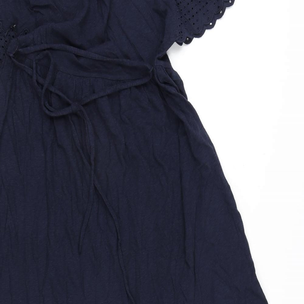 Marks and Spencer Womens Blue Cotton A-Line Size 6 Round Neck Button - Embroidery