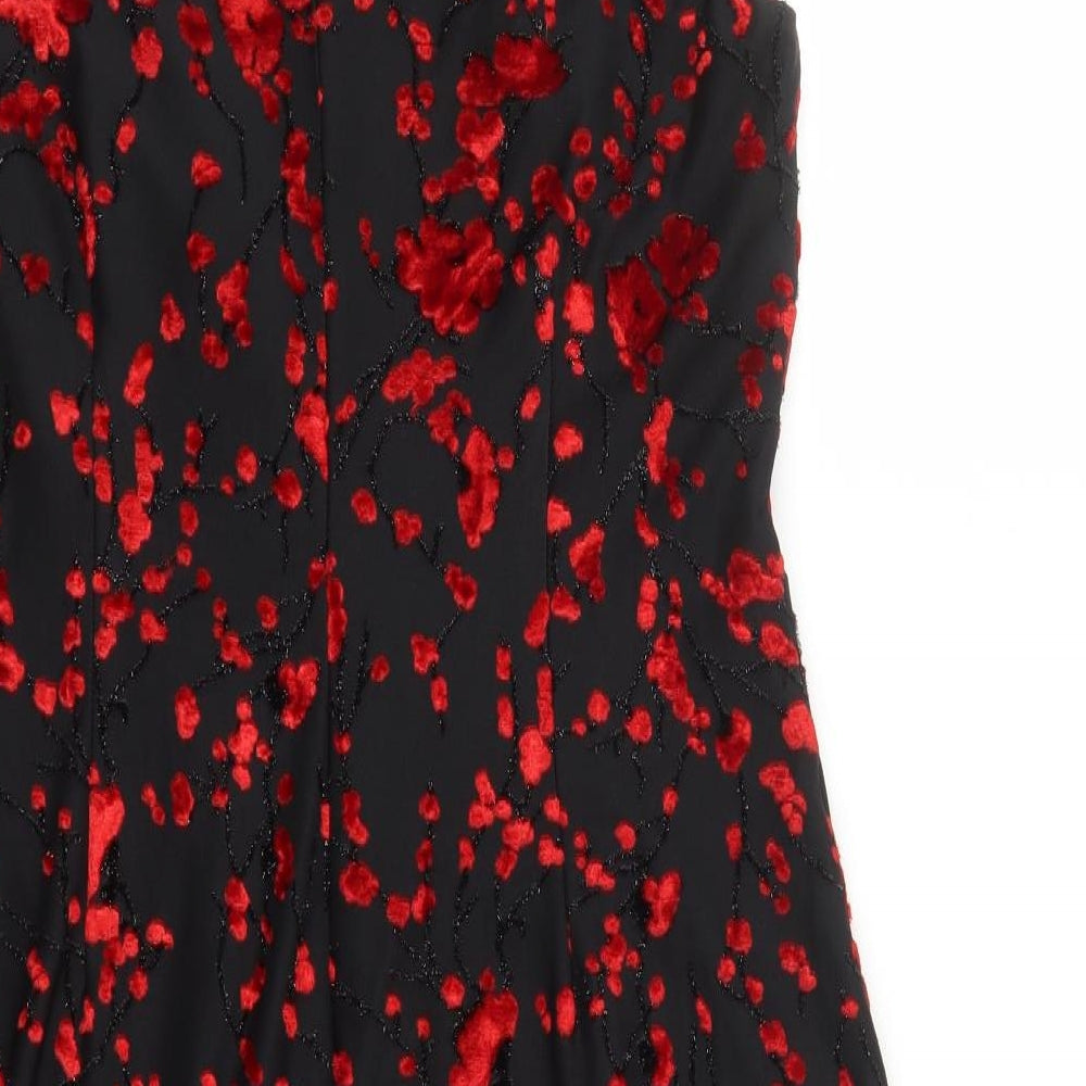 Roman Womens Black Geometric Viscose A-Line Size 14 V-Neck Pullover - Embroidered Flowers Glitter Detail