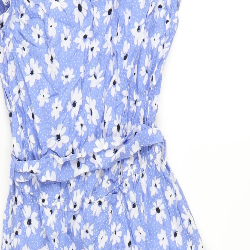 &et Womens Blue Floral Viscose A-Line Size 8 V-Neck Button