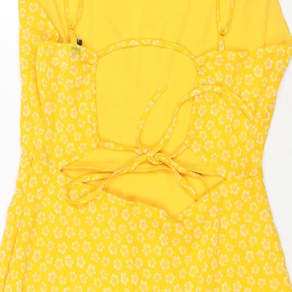 Divided by H&M Womens Yellow Floral Polyester Fit & Flare Size 12 Cowl Neck Zip