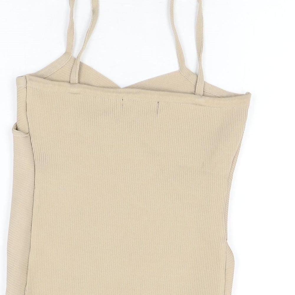Mingle Womens Beige Polyester Basic T-Shirt Size L V-Neck