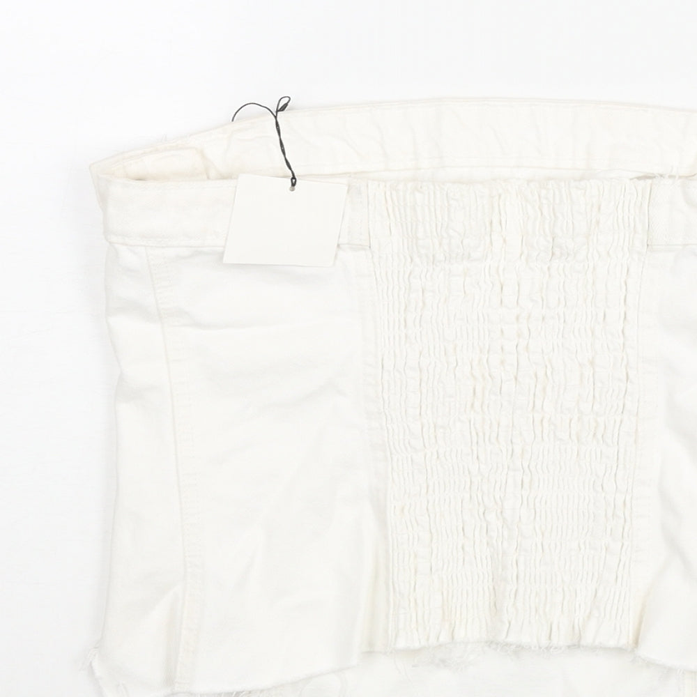 Zara Womens White Cotton Cropped Blouse Size L Square Neck - Asymmetric Raw Hem