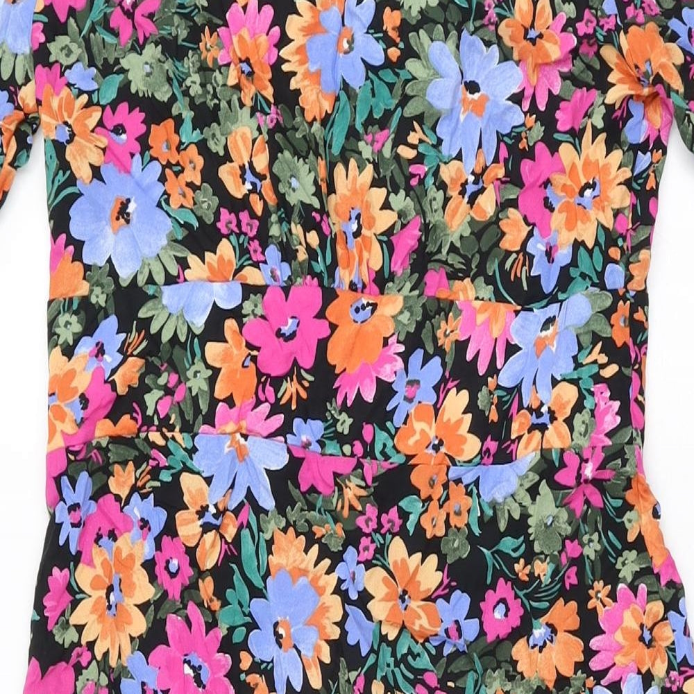 Nobody's Child Womens Black Floral Polyester A-Line Size 10 V-Neck Button