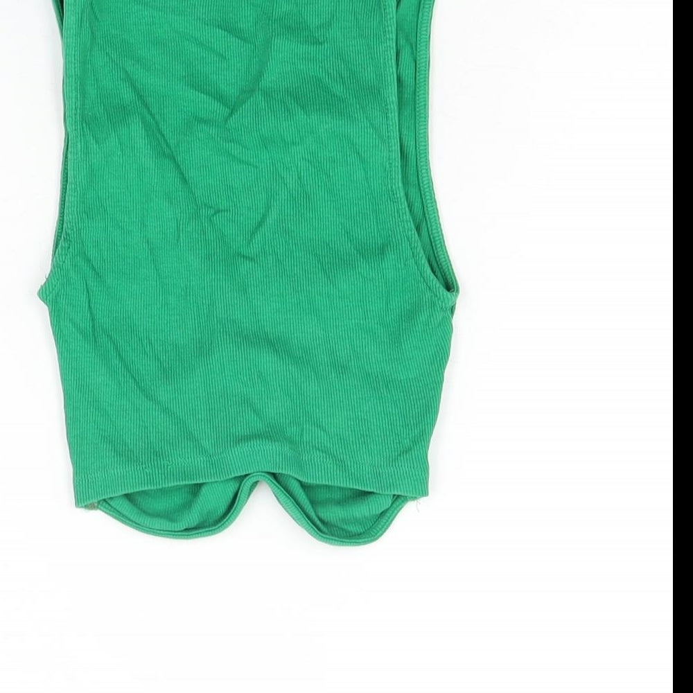 Zara Womens Green Polyester Cropped T-Shirt Size S V-Neck