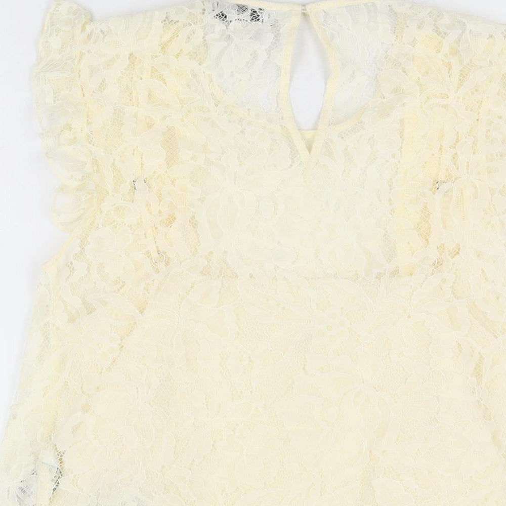 Marks and Spencer Womens Ivory Floral Polyamide Basic T-Shirt Size 8 Round Neck