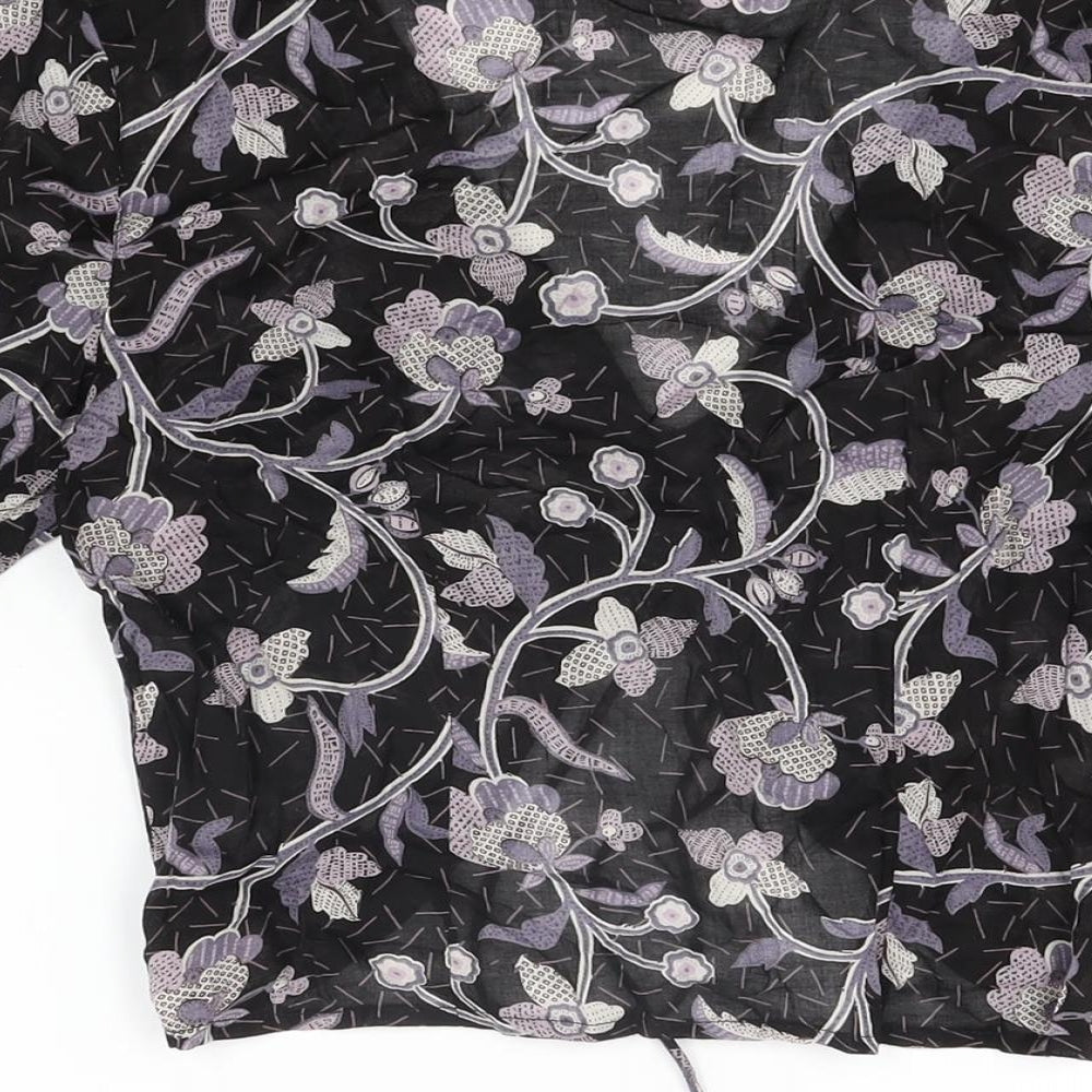 NEXT Womens Black Floral Polyester Cropped T-Shirt Size 6 V-Neck