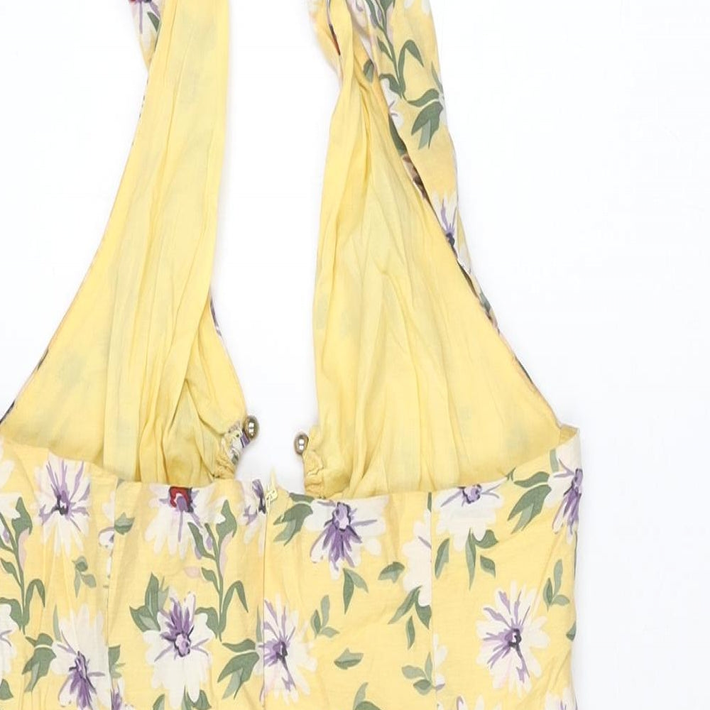 Here Comes The Sun Womens Yellow Floral Cotton Mini Size 10 Halter Zip