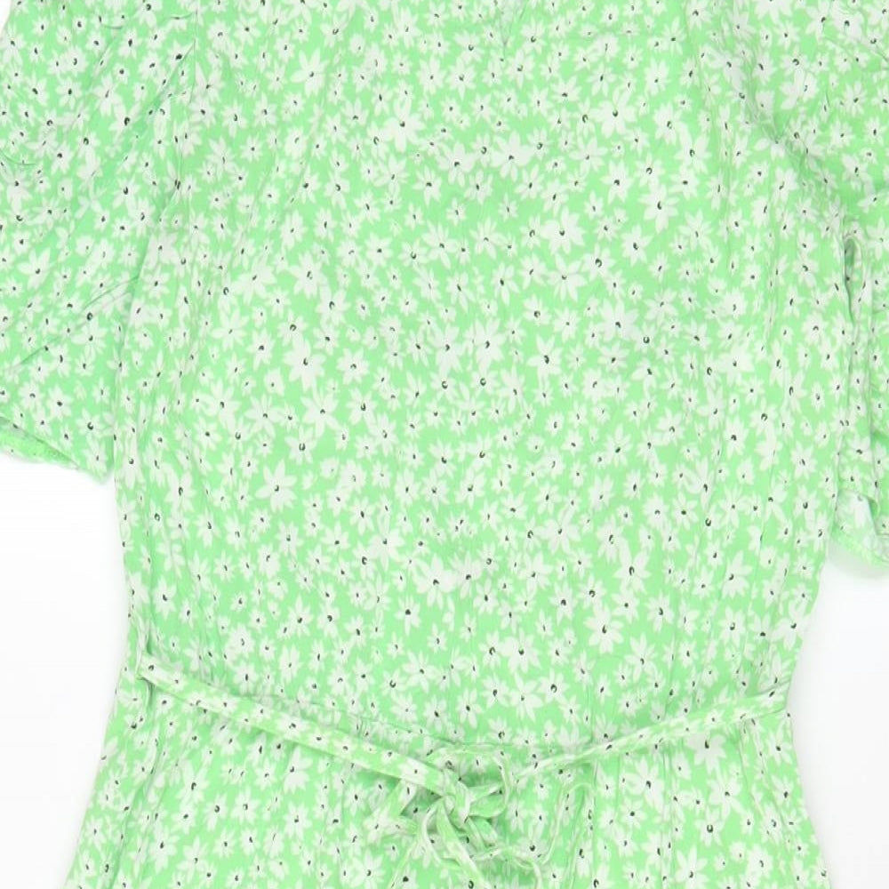 New Look Womens Green Floral Viscose A-Line Size 8 Crew Neck Button