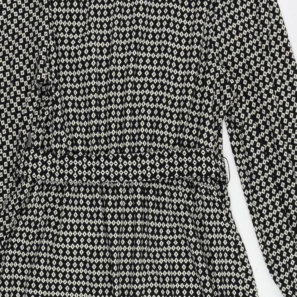 Marks and Spencer Womens Black Geometric Polyester Shirt Dress Size 14 Collared Tie