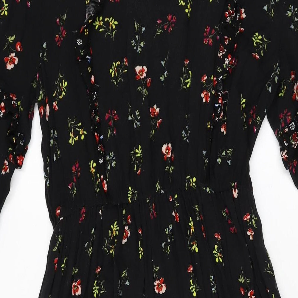 Marks and Spencer Womens Black Floral Viscose A-Line Size 8 Round Neck Button
