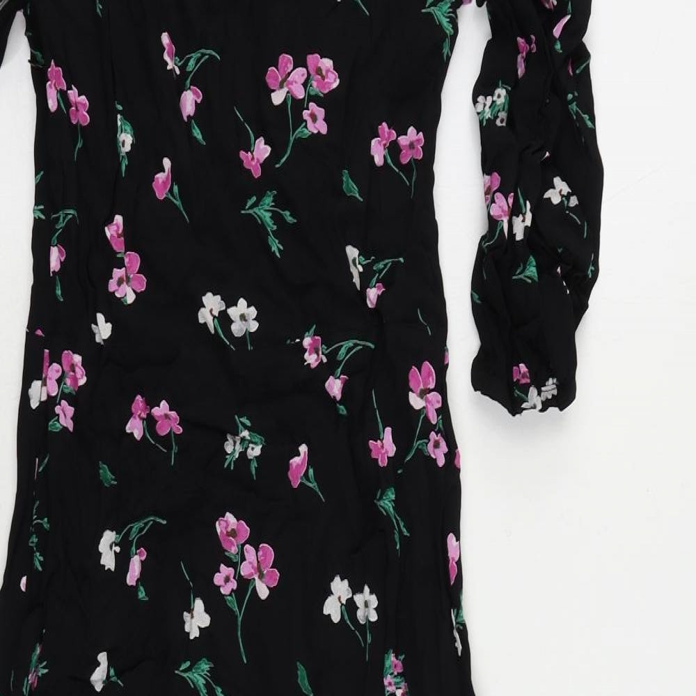 Marks and Spencer Womens Black Floral Viscose A-Line Size 8 Round Neck Button