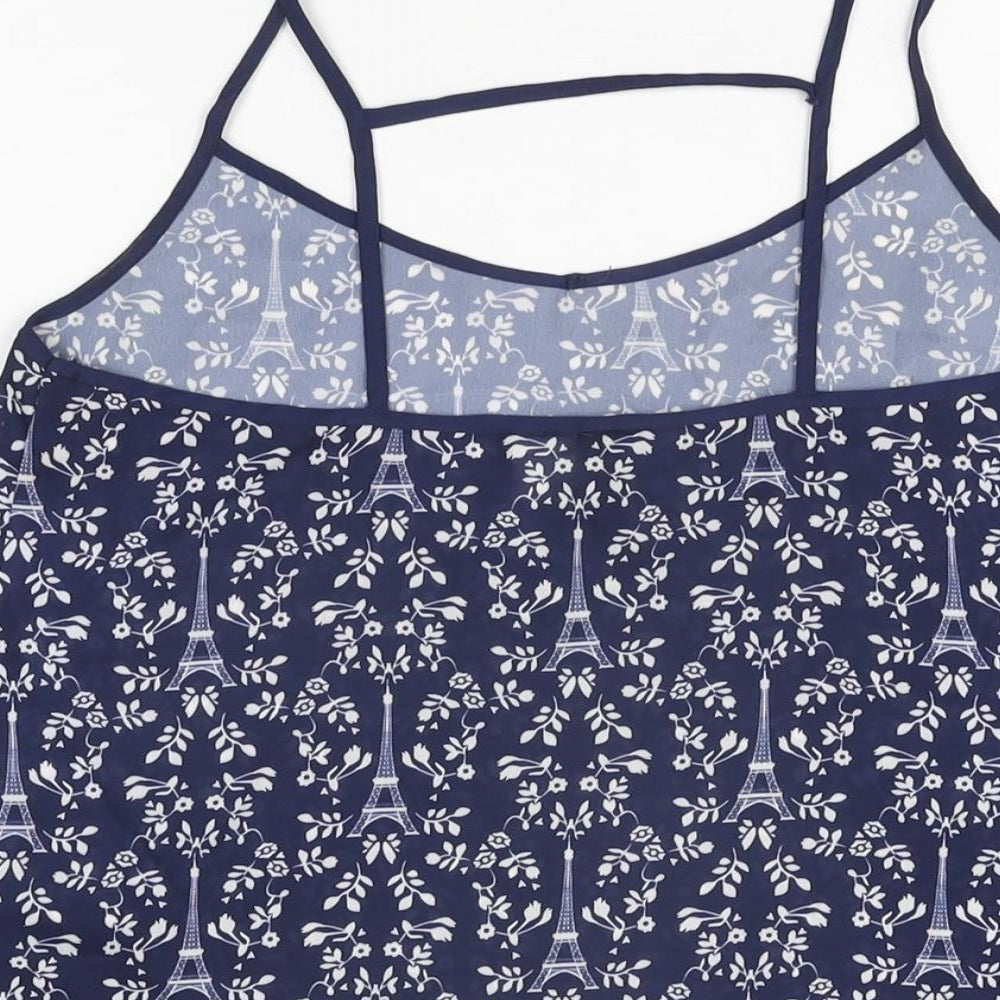 H&M Womens Blue Geometric Polyester Camisole T-Shirt Size 8 V-Neck