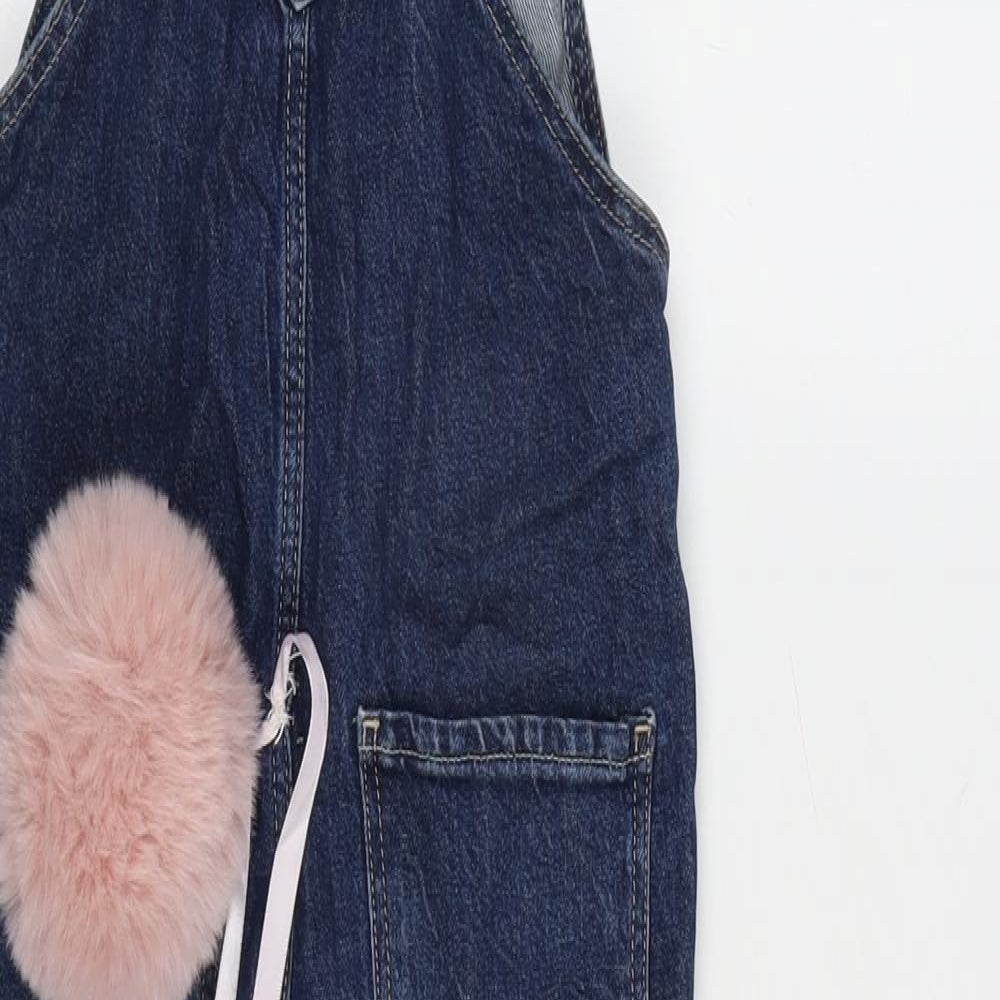 H&M Girls Blue Cotton Dungaree One-Piece Size 4-5 Years L15 in Snap - Fur Detail