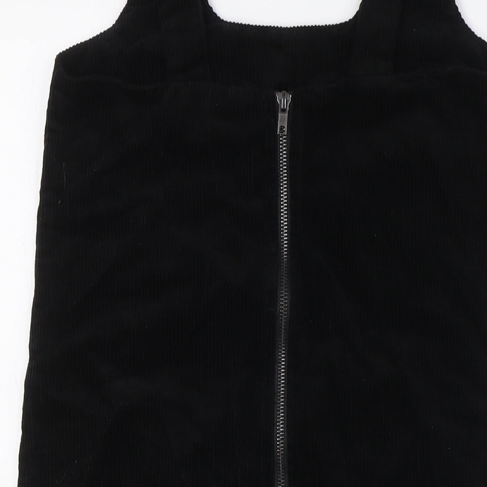 New Look Womens Black 100% Cotton Pinafore/Dungaree Dress Size 6 Scoop Neck Tie