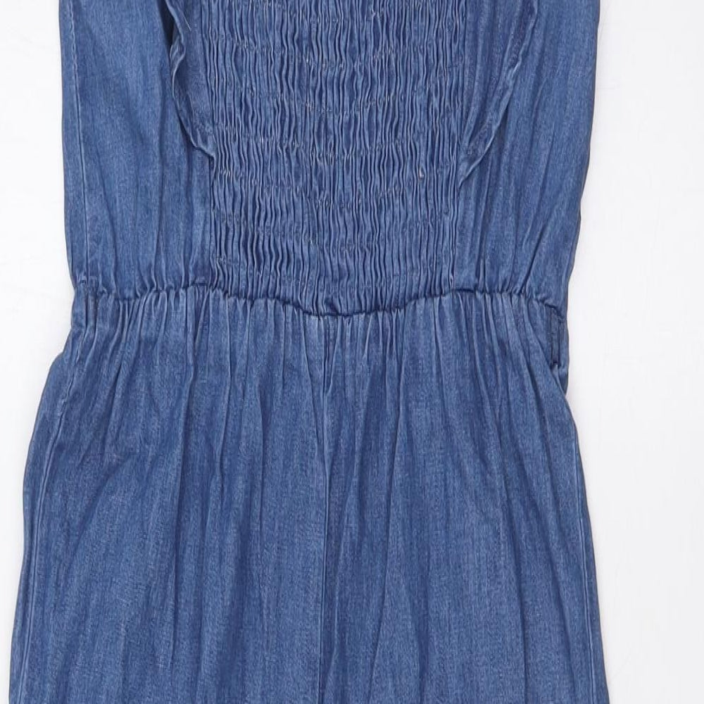Matalan` Girls Blue Cotton Jumpsuit One-Piece Size 9 Years L16 in Button - Smocked Top