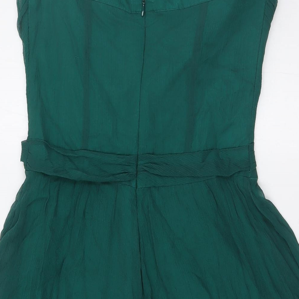 Warehouse Womens Green Silk A-Line Size 8 Off the Shoulder Zip - Knot Front Detail