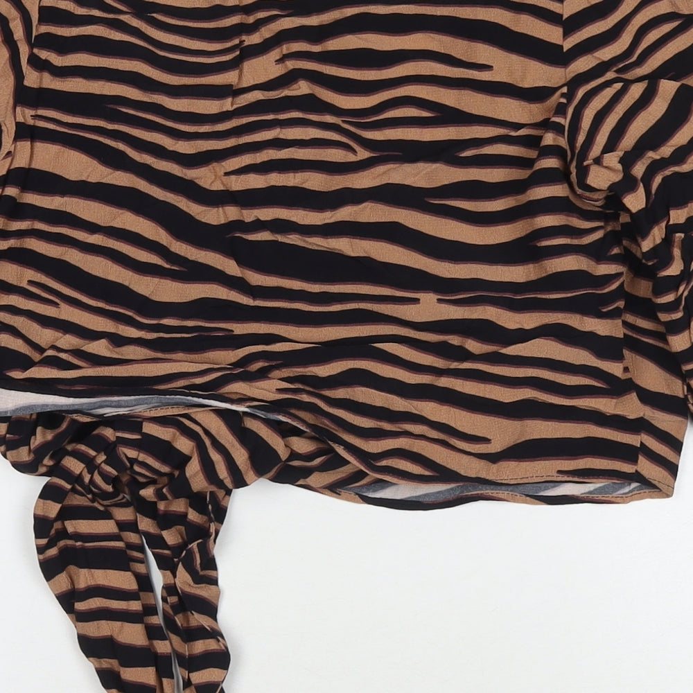 Oasis Womens Brown Geometric Viscose Wrap Blouse Size 12 V-Neck