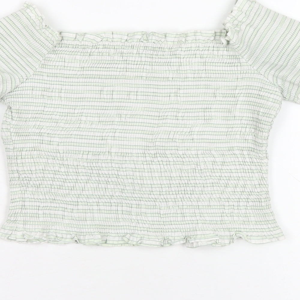 Zara Womens Green Striped Cotton Cropped T-Shirt Size S Off the Shoulder