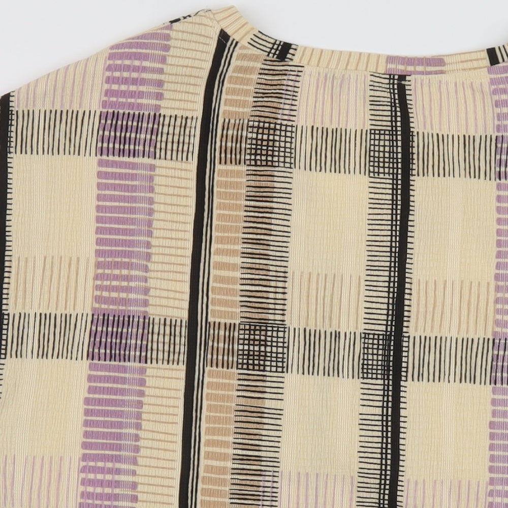 Marks and Spencer Womens Beige Plaid Polyester Basic T-Shirt Size 12 V-Neck