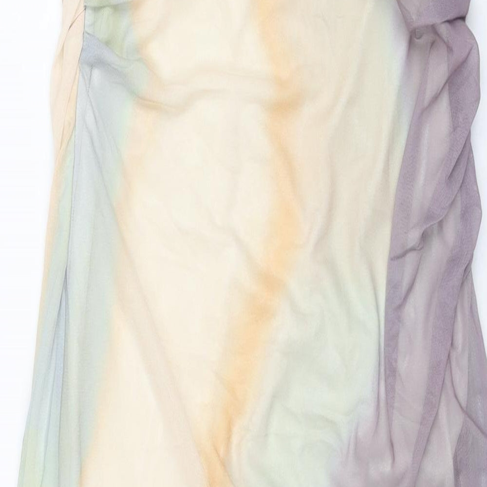 Zara Womens Multicoloured Geometric Polyester Shift Size M Square Neck Zip - Side Slit Rouched Corset Bodice