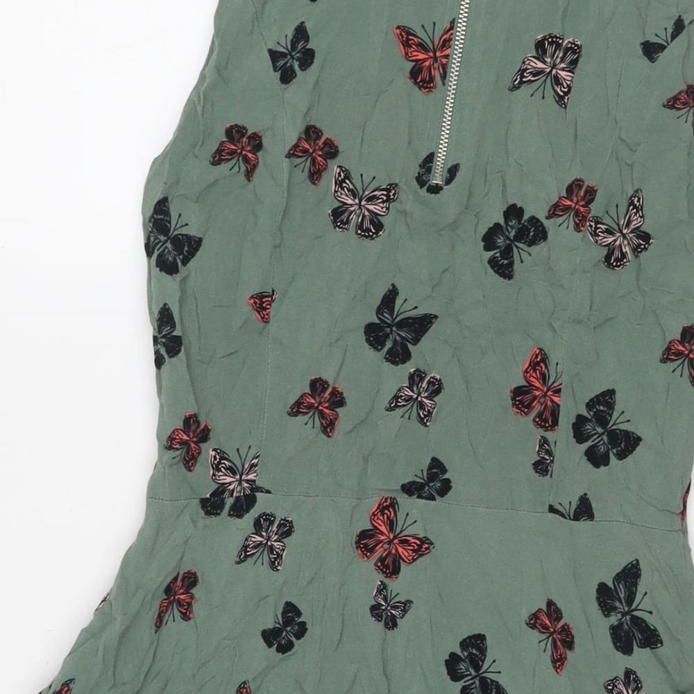 Apricot Womens Green Geometric Viscose Fit & Flare Size 10 Round Neck Zip - Butterflies