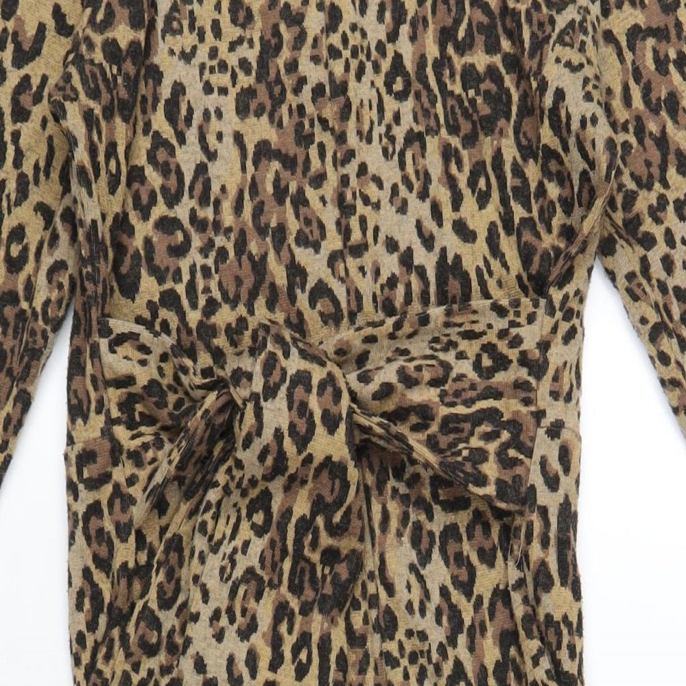 Marks and Spencer Womens Brown Animal Print Polyester A-Line Size 8 Mock Neck Zip