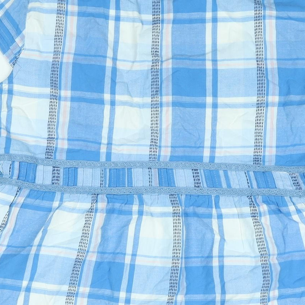 Fat Face Womens Blue Check Cotton Basic Blouse Size 12 Round Neck - Lace Trim