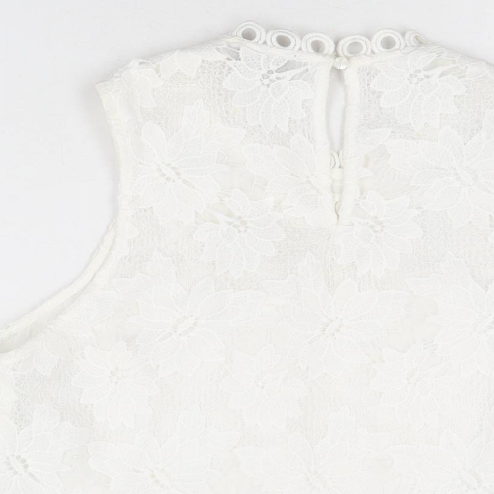 Topshop Womens White Floral Polyester Basic T-Shirt Size 14 Round Neck