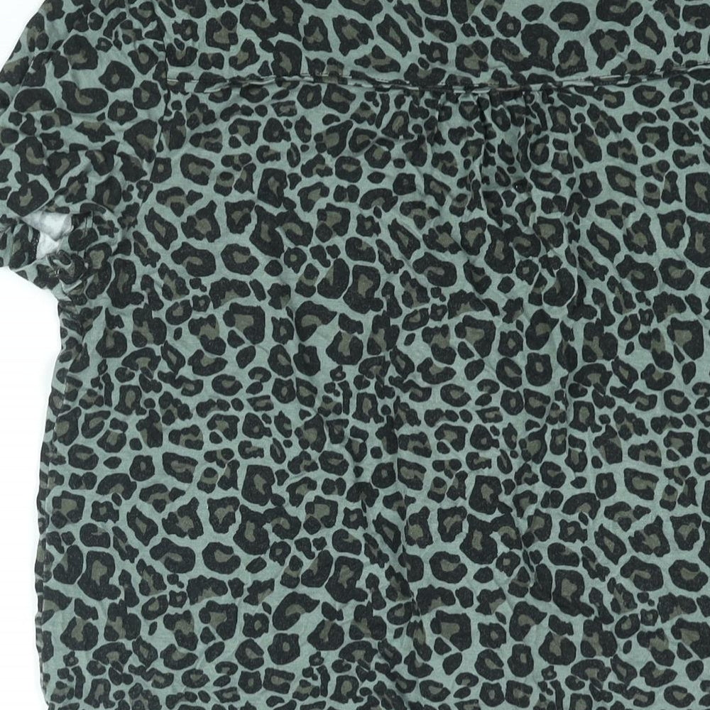 Oasis Womens Green Animal Print Viscose Basic Blouse Size S V-Neck - Tie Detail Leopard Print