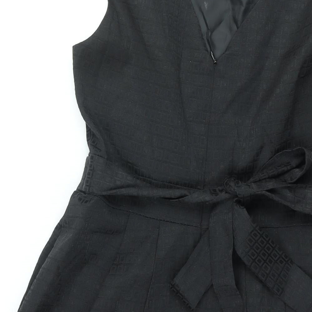BHS Womens Black Geometric Cotton Fit & Flare Size 10 Square Neck Zip - Belted Tulle Hem