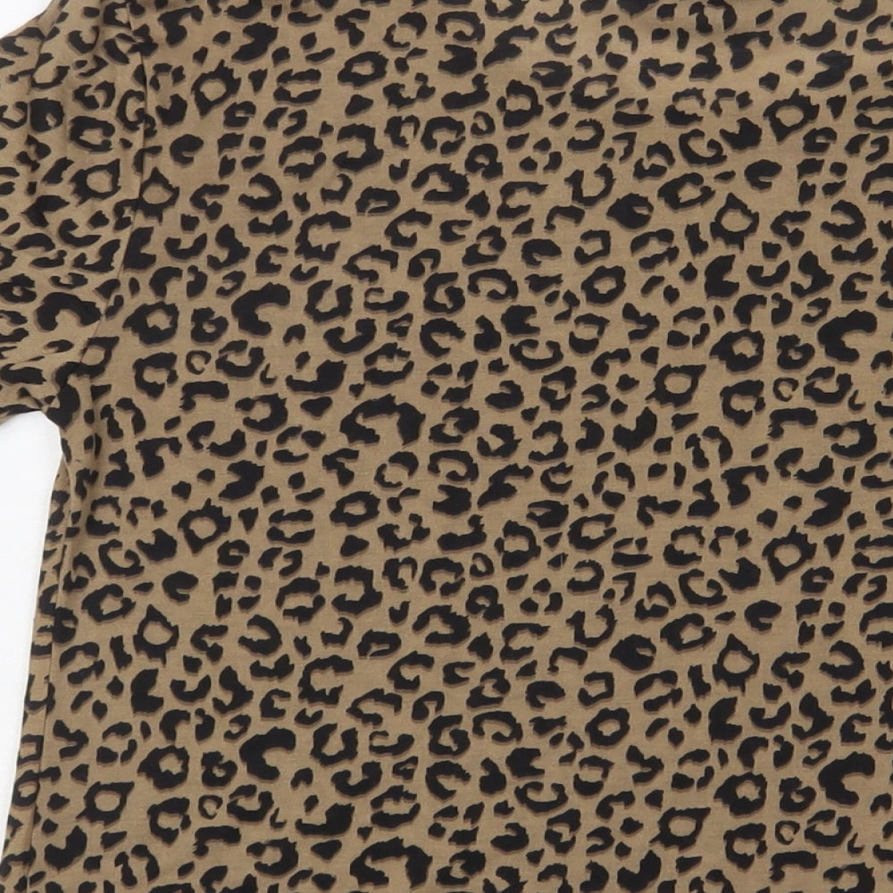 Marks and Spencer Womens Brown Animal Print Polyester Basic T-Shirt Size 8 Crew Neck