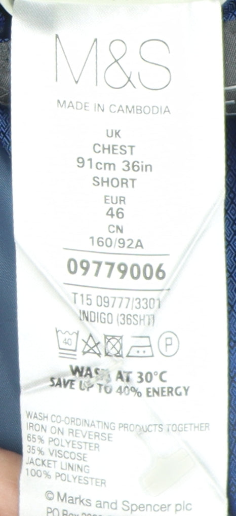 Marks and Spencer Men's Blue Blazer, Size 36S