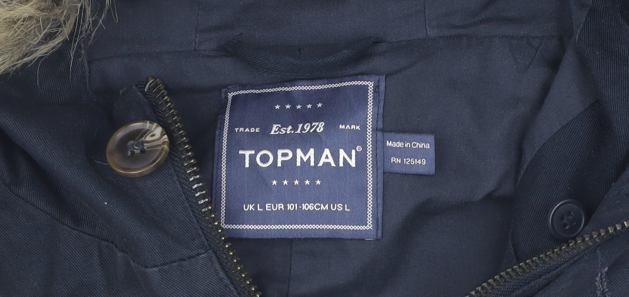 Topman Unisex Black Parka L with Hooded Fur Trim