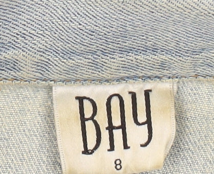Bay Women's Blue Denim Jacket Size 8 Cropped Zip Casual