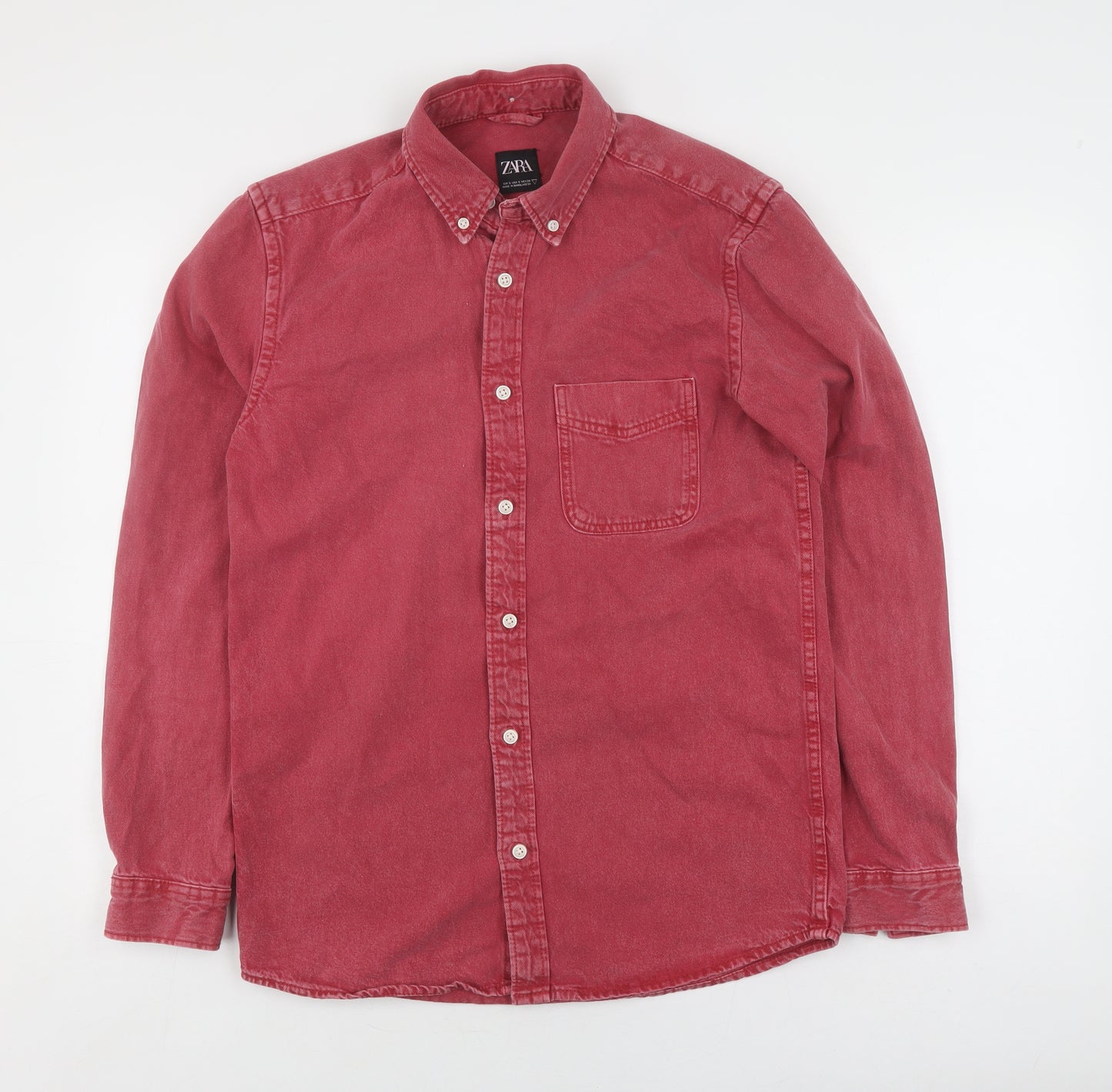 Zara Men's Red Cotton Button-Up Shirt, Size S