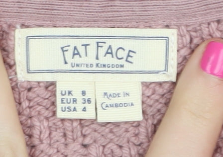 Fat Face Women's Pink V-Neck Knitted Pullover, Size 8