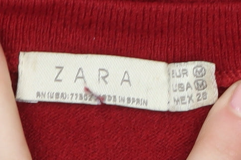 Zara Women's Red V-Neck Cotton Pullover Jumper Size 12