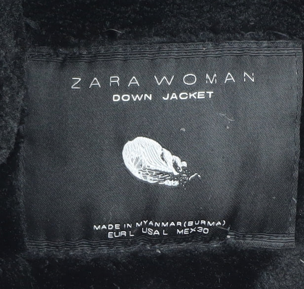 Zara Women's Black Puffer Jacket L Hooded Winter