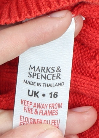 Marks and Spencer Women's Red Cable-Knit Jumper Size 16