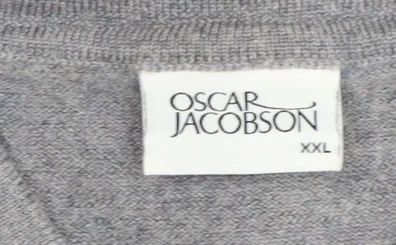 Oscar Jacobson Men's Grey V-Neck Wool Jumper - 2XL